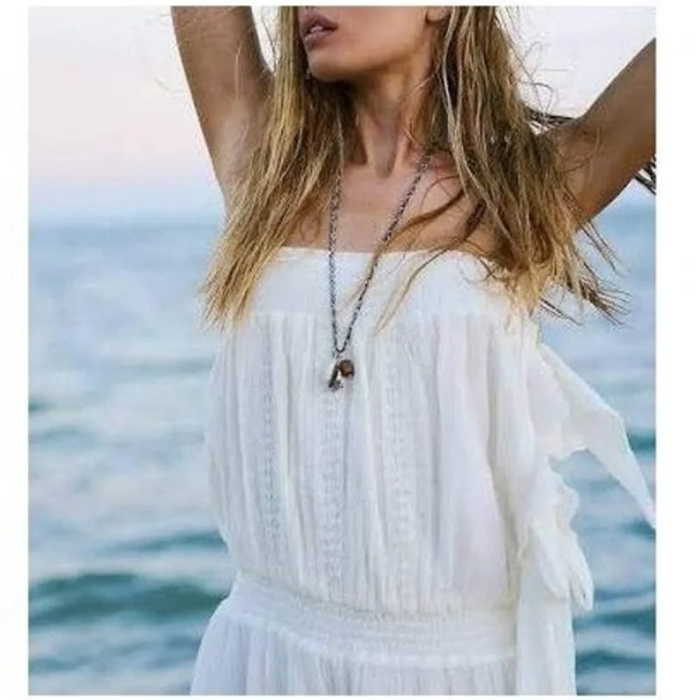Free People Feelin Fancy Romper XS Ivory Lace Ruffle Gauzy Boho Beachy Romantic